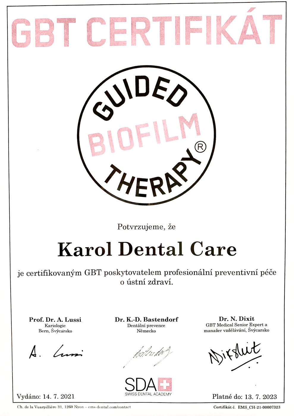 Karol Dental Care Certifikát